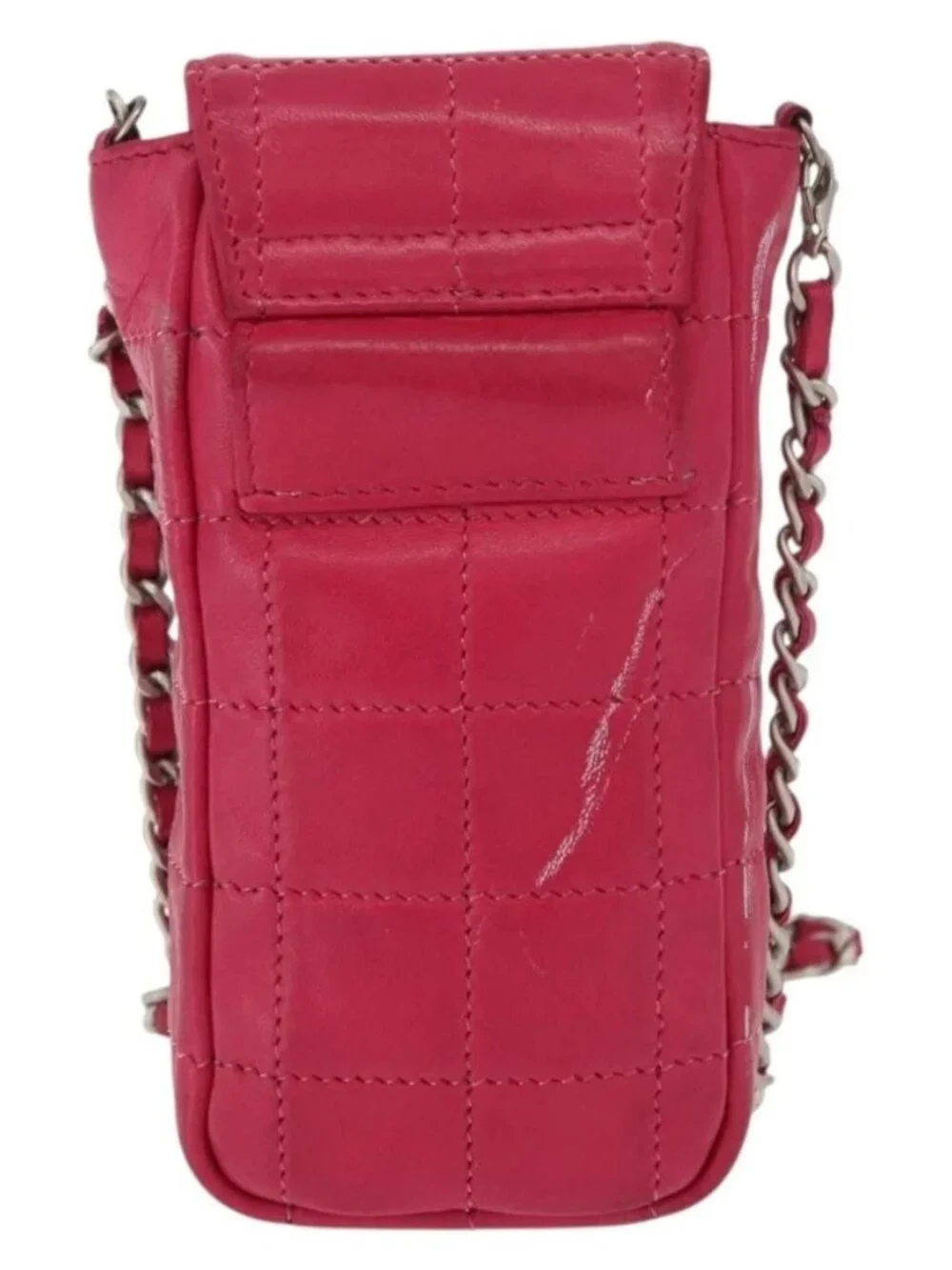 CHANEL Choco Bar line Chain Shoulder Bag Leather Pink Silver CC Auth BA8714